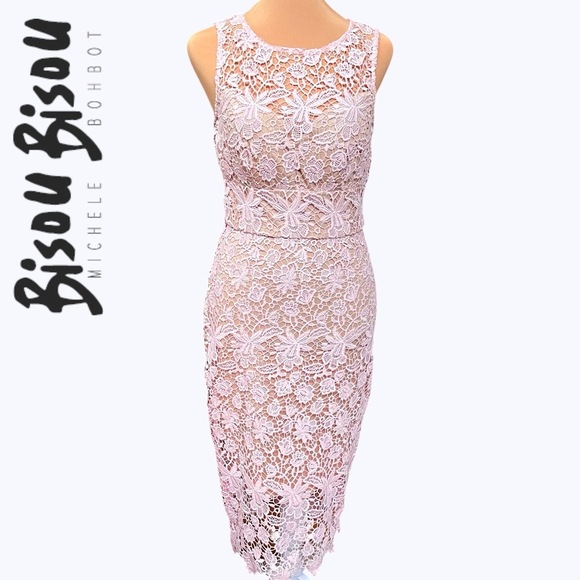 BISOU BISOU M. BOHBOT Pink Lace Overlay Midi Floral Sleeveless Sheath Dress Sz 2 - Picture 1 of 16
